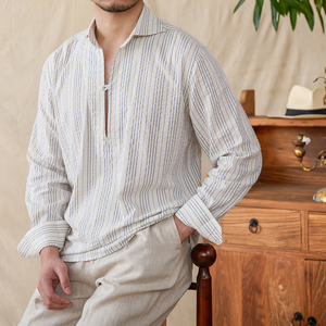 <span class=keywords><strong>Camicia</strong></span> Estiva da Uomo 100% Cotone a Righe <span class=keywords><strong>Seersucker</strong></span> Giovanile Casual Traspirante Comoda per Vacanze Maniche Lunghe - Product Image 2