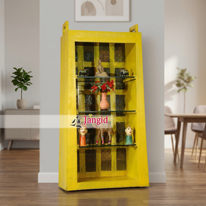 Indian Solid Wooden Yellow Hand <b>Painted</b> Decorative Display Showpiece with 3 Glass Shelf Furniture for Living Room Hotel - Product Image 4