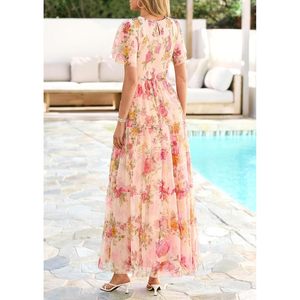Robe longue florale en tulle FOXA pour femme, col rond, manches courtes, coupe trapèze, taille empire, idéale pour mariage, invitées, plage, soirée romantique d'été - Product Image 4