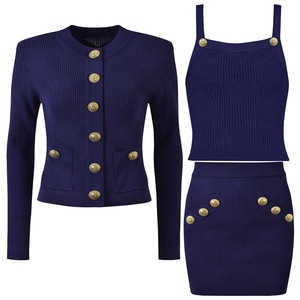 Conjunto de tres piezas de cárdigan de punto informal de una sola botonadura con cuello redondo elegante a la moda para <span class=keywords><strong>mujer</strong></span> de fabricante <span class=keywords><strong>al</strong></span> <span class=keywords><strong>por</strong></span> <span class=keywords><strong>mayor</strong></span> - Product Image 4