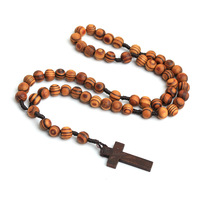 Collier croix en bois Crucifix en bois d'olivier avec chaîne perlée Chapelet catholique chrétien Collier de prière religieuse