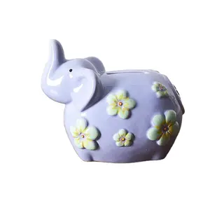 Small Flower Elephant Piggy Bank Purple Elephant Design Ceramic Coin Bank Elephant Shaped Money Box for Kids Home Decoration