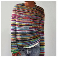 Pull en mohair color block pour femme, motif géométrique, col rond, style coréen, tricoté à la machine, vente en gros