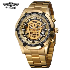 זוכה 274 למעלה מותג אופנה גברים מכאני שעון זהב נירוסטה רצועת שלד חיוג זוהר גולגולת עיצוב שעון יד