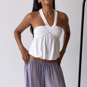 White Breathable Patchwork Knit Halter Tube <b>Top</b> for Women Sexy Backless <b>Loose</b> A-Line Club Nightclub Flared <b>Cami</b> - Product Image 2