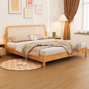 Natural Modern Solid Wood Bedroom Bed With <b>Rattan</b> Design 1.5m and 1.8m Size A17 Solid Wood Bedroom Furniture A17 - Product Image 1