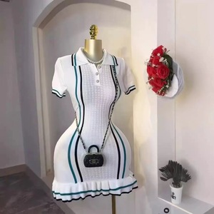 Chic moda Sexy paquete caderas de punto Mini <span class=keywords><strong>vestido</strong></span> a rayas verano Vintage Turn-Down Collar con volantes Streetrwear fiesta <span class=keywords><strong>vestido</strong></span> Casual - Product Image 5