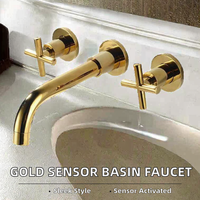 Robinet de lavabo mural encastré moderne de luxe doré à capteur sans contact, monotrou en laiton céramique poli, fixation 3 trous