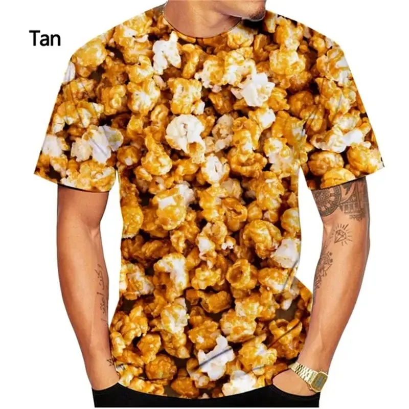 Camiseta de popcorn engraçada estampada em 3D para homens, camiseta casual de verão de manga curta com gola redonda, camiseta hip hop de grandes dimensões para homens, roupa de rua