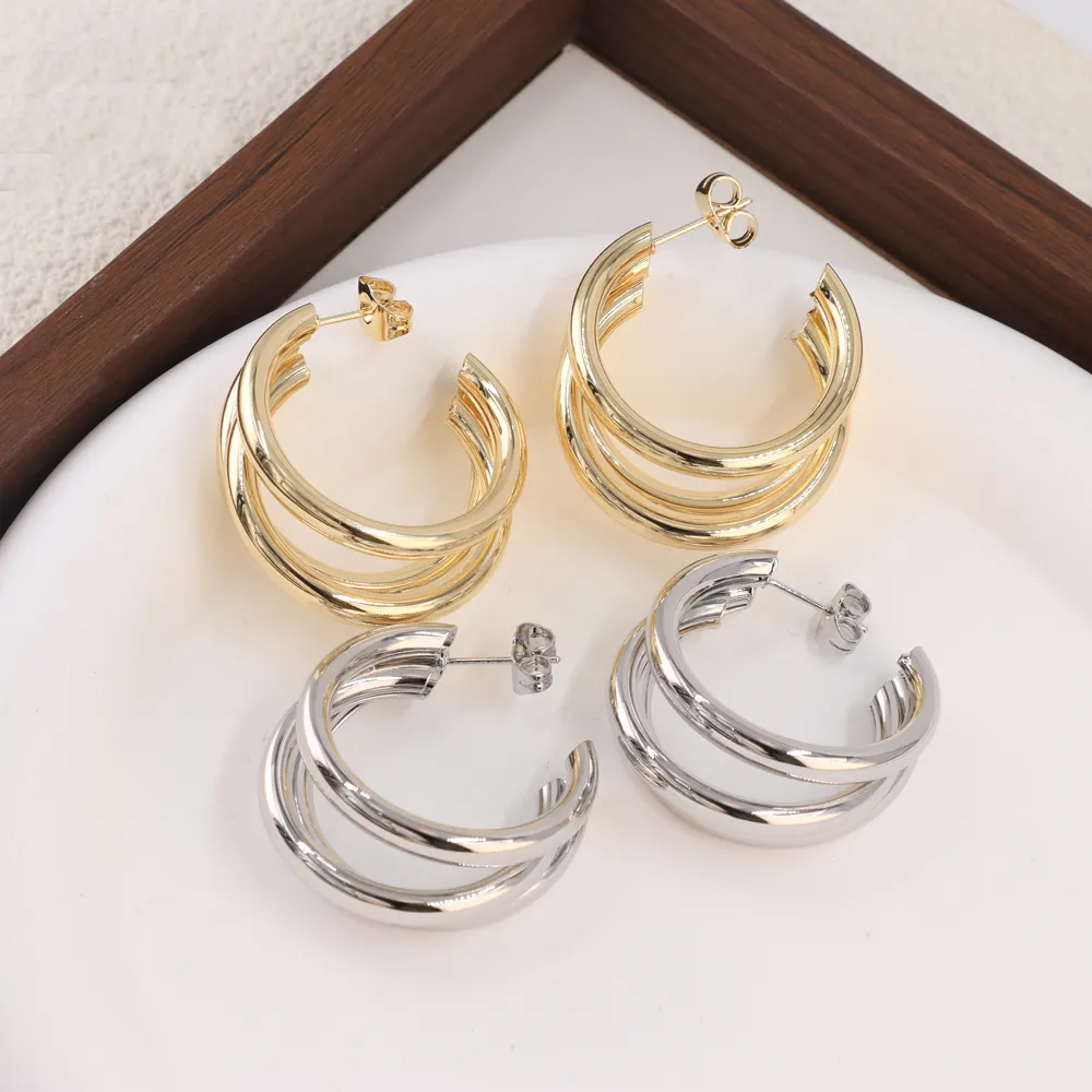 China kostenloser Versand einfacher Schmuck 3 Reihen Kreis Gold-Hoop-Ohrringe C-Formige Ohrringe runde Röhre minimalistische Hoop-Ohrringe