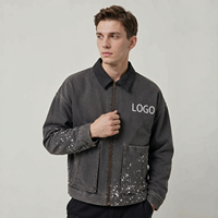 Veste en jean gris foncé effet éclaboussures de peinture pour homme, personnalisée ODM, haute qualité, fermeture éclair intégrale, poches plaquées, coupe ample, style vintage streetwear, veste de travail
