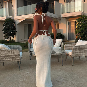 Crossed Halter Knitted Sweater And Long Skirt <b>Set</b> Backless Hollow Out <b>2</b> <b>Piece</b> Solid Color Bikini Beachwear <b>White</b> - Product Image 3