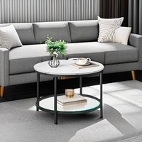 Table basse circulaire moderne à 2 niveaux avec dessus en faux marbre, étagère de rangement en verre, petite table basse ronde avec panneau en bois, style design