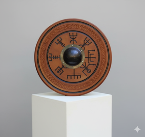 Escudo Vikingo Antiguo Grabado en Madera MDF de 17 mm, Pintado y Acabado en Negro Antiguo con Mango, Precio al por Mayor - Product Image 1