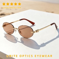 Nouvelles lunettes de soleil tendance de l'été, vente en gros, protection UV, lunettes de soleil vintage de luxe personnalisées pour femmes, petites lunettes ovales sans monture en métal