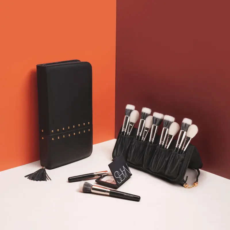 Rownyeon mala de viagem de couro, bolsa de pincel de maquiagem personalizada em couro preto com pincel para cosméticos