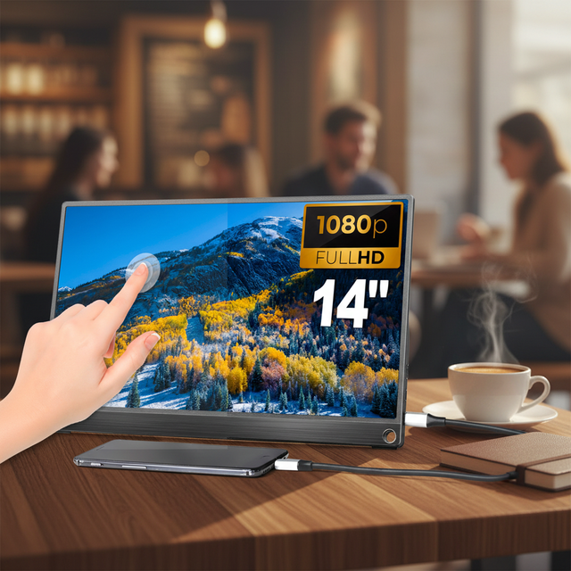 14 Inch IPS LCD FHD Touchscreen Portable Monitor with Dual Screen Built-in Kickstand and Speaker for Laptop Business Use HDR
