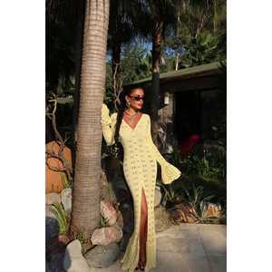 Robe longue jaune à détails boutonnés, robe courte de luxe et tendance pour femme, taille XL, coupe Empire, couleur unie, idéale pour les fêtes de jour et l'automne - Product Image 3