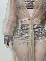Ensemble deux pièces Xiari en maille sans bretelles, orné de diamants, short sexy à taille exposée, costume de performance pour DJ de boîte de nuit et bar