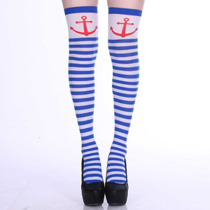Chaussettes hautes de marin bleu marine à rayures blanches avec imprimé ancre pour femme, idéales pour costume ou cosplay - Product Image 2