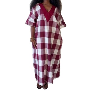 Vestidos de Moda para Mujer, Cuello en V, Estampado a Cuadros, Manga Corta, Tallas Grandes, Estilo Africano - Product Image 1