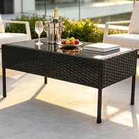 Table basse rectangulaire d'extérieur en rotin PE noir, avec plateau en verre, pour mobilier de jardin - Vente en gros usine