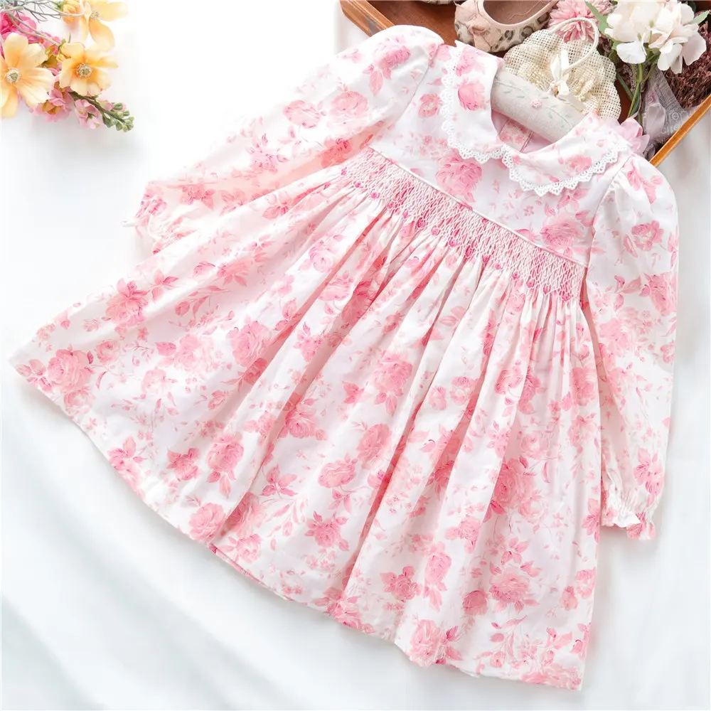 Детская одежда Smock, платья для маленьких девочек, одежда для малышей, зимняя с длинным рукавом, цветочным принтом, Рождественская одежда ручной работы B41570