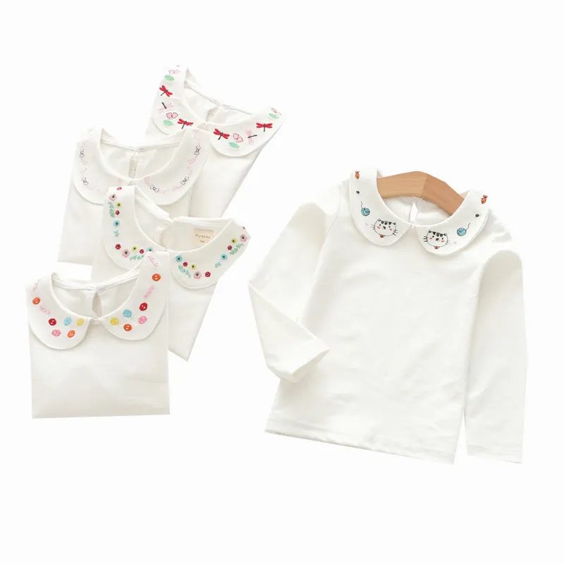 여자 레이스 칼라베이스 셔츠 봄과 가을 아기 소녀 흰색 아기 옷깃 긴 소매 단색 탑 인형 칼라 티셔츠