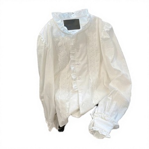 Blusa de Mujer Blanca con Cuello con Volantes, Bordada, Hombros Caídos, Borlas, Color Sólido, Corte Regular, Estilo Retro, Dulce, de Verano, Manga Larga - Product Image 2