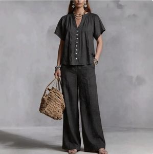 Nouvel ensemble décontracté pour <span class=keywords><strong>femme</strong></span> en coton et lin à col en V, style européen et américain, idéal pour les vacances à la plage - Product Image 6