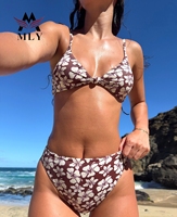 Pakaian Renang Motif Bunga Grosir Pabrik MLY, Bikini Set Halter Triangl Model Brasil untuk Liburan Pantai & Tepi Kolam Renang