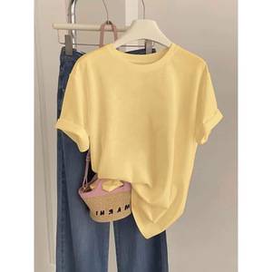 T-shirt à manches courtes en coton et élasthanne, col rond, couleur unie, haut pour femme |   Livraison en 14 jours |   Quantité minimum de commande : 50 pièces |   OEM personnalisé - Product Image 1
