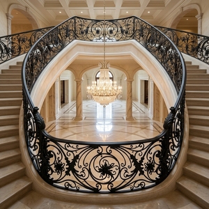 Escalier en marbre naturel Tanlong, escalier courbé intérieur, garde-corps en <span class=keywords><strong>fer</strong></span> <span class=keywords><strong>forgé</strong></span> - Product Image 1