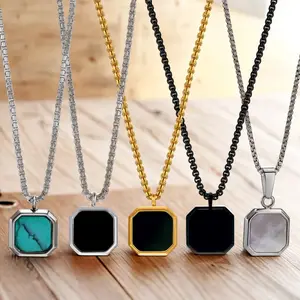 18 K gold Stainless steel turquoise white shell glue drop square pendant fashion long Necklace For Men