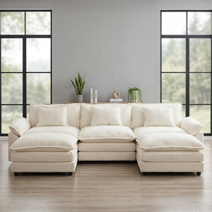 Sofá Seccional Modular Convertible en Cama, Cómodo, de Chenilla, con Estructura de PU, Respaldo Acolchado, Forma de U, Beige Blanco, para Sala de Estar, 3 Años de Garantía - Product Image 4