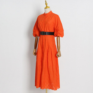 Ropa Por Mayor Retro Court Style Vestido sólido 2022 Otoño Nuevo Stand-up Collar Hollow Manga larga Puff Manga A-line Vestido - Product Image 5