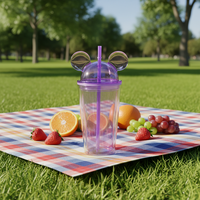 Gobelet réutilisable à double paroi, moderne, écologique, 16 oz, avec couvercle en plastique en forme d'oreilles de souris et paille, idéal pour les cadeaux