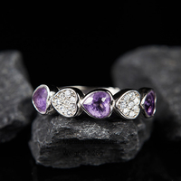 Bague en argent pur S925 avec pierre précieuse améthyste naturelle, plaquée or K, pierre précieuse colorée en forme de cœur, ouverte et réglable pour femmes