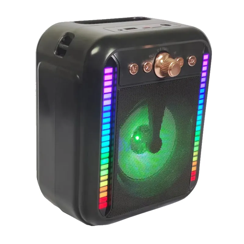 Caixa de música para festas, subwoofer portátil sem fio de 4 polegadas, alto-falante de rádio FM com microfone e microfone RGB luz piscando