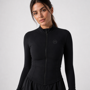 CHARLO Women's Full Sleeve Zipper Bomber Jacket Solid <b>Black</b> Minimalist Workout Wear Quick Dry Spandex Nylon Fabric - Product Image 3