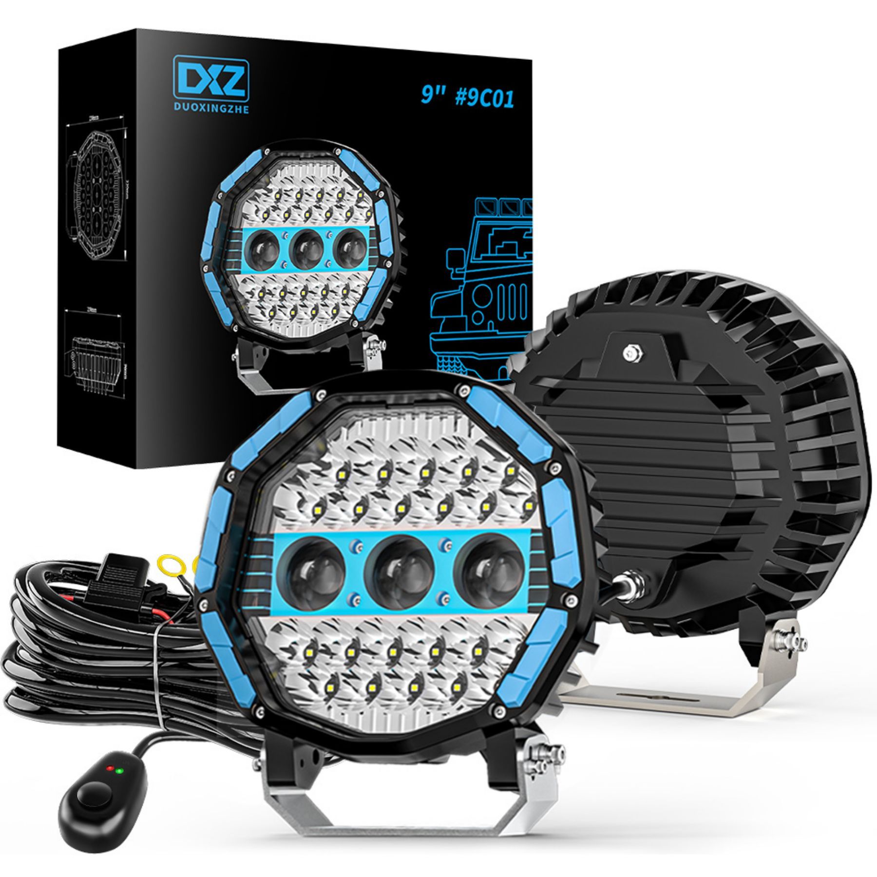 DXZ New 9Inch Off-road Spotlight Laser Driving Light Car LED Work Light 24V 12V SUV Forklift High Brightness Model 9C01 110W