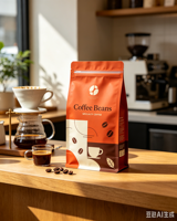Sachet de café personnalisé à fond plat avec soufflet latéral, fermeture éclair et valve unidirectionnelle pour grains de café