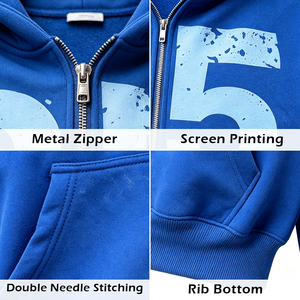 Custom Distressed Number Print <b>Zip</b> Up Hoodie Men Oversized Boxy Fit Blue Full <b>Zip</b> <b>Hooded</b> Jacket Custom Logo Streetwear - Product Image 2