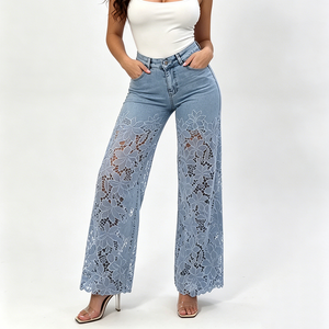 Livraison Rapide Jean <span class=keywords><strong>Femme</strong></span> Taille Haute Ample à Jambes Larges avec Patchwork de Dentelle, Pantalon en Denim Décontracté d'Été, Style Streetwear - Product Image 1