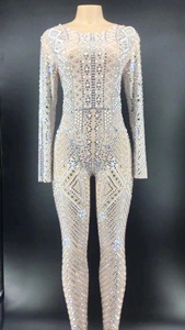 Tenue de soirée Sexy transparente avec perles et strass, tenue de Club, chanteur, danse, justaucorps, body moulant pour femmes, combinaison une pièce brillante - Product Image 3