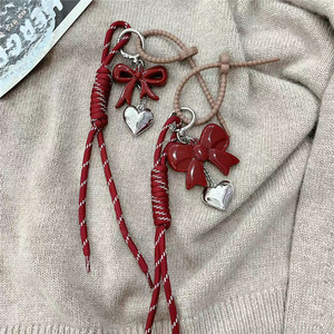Wholesale Durable Lightweight Crystal Bling Mobile Phone Charm Red Bow Tie Heart Keychain for Women Gift