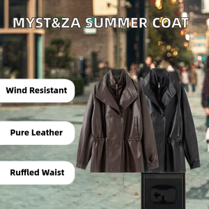 <b>Women's</b> PU Leather Jacket Stand Collar Double Breasted Mid Length Woven <b>Outerwear</b> Summer Casual Coat - Product Image 2