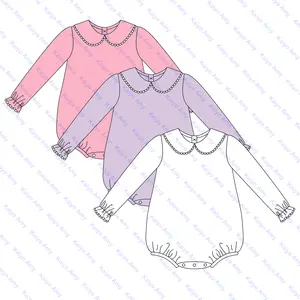 monogrammed scalloped puffy long sleeve bubble 100% combed cotton newborn baby girls knit rompers