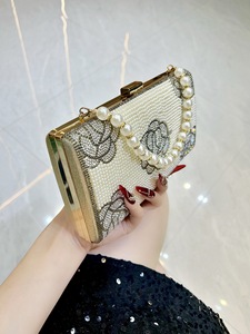 French Retro <b>Square</b> Dinner Crossbody Handbag With Pearl Decoration and Rose Flower Pattern Polyester Material Tanjing - Product Image 3