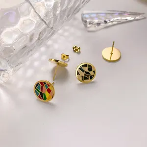 Enamel Colorful Oil Geometric Mesh Pattern Candy Color 18K Gold Plated 316L Stainless Steel Stud Earrings For Women Girls